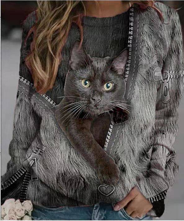 Fashion Trendy Ladies 3D Cartoon Cat Print T Shirt Women O-Neck Long Sleeve Loose T Shirts New Spring Casual Oversized Tops 2022