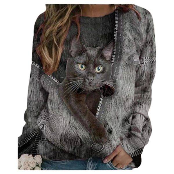 Fashion Trendy Ladies 3D Cartoon Cat Print T Shirt Women O-Neck Long Sleeve Loose T Shirts New Spring Casual Oversized Tops 2022