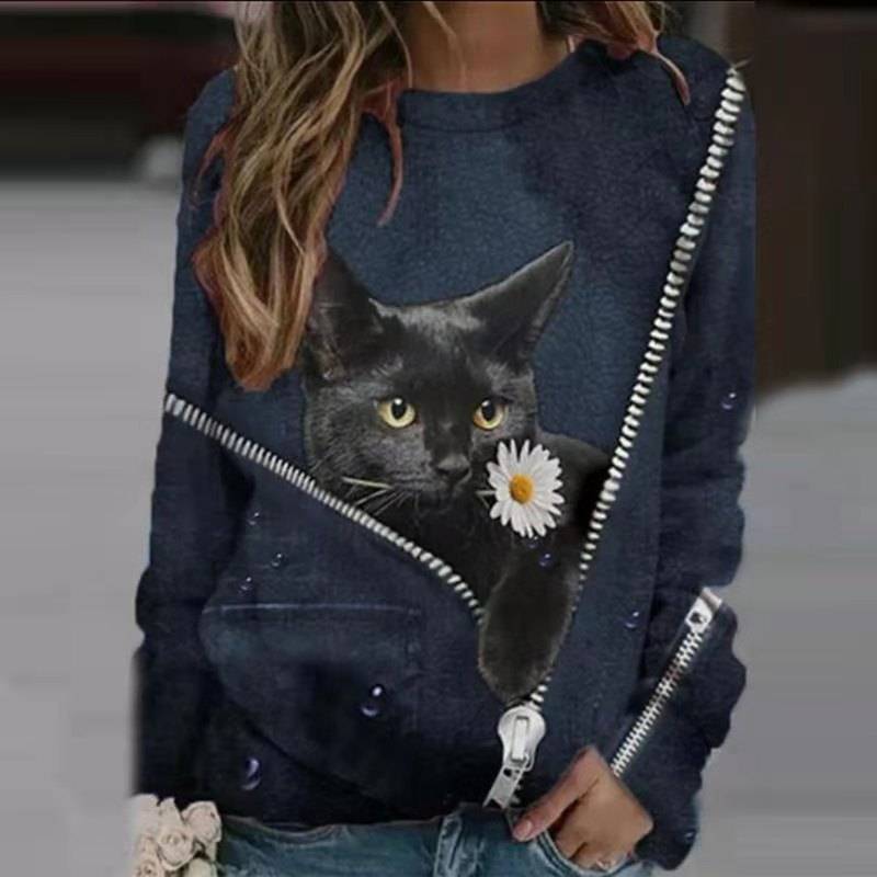 Fashion Trendy Ladies 3D Cartoon Cat Print T Shirt Women O-Neck Long Sleeve Loose T Shirts New Spring Casual Oversized Tops 2022