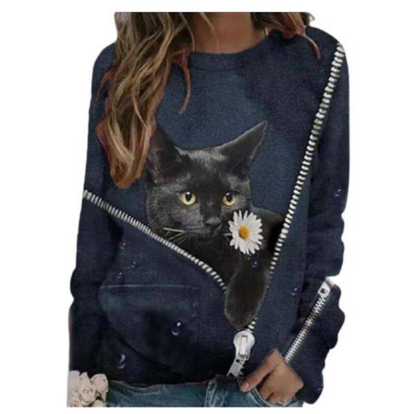 Fashion Trendy Ladies 3D Cartoon Cat Print T Shirt Women O-Neck Long Sleeve Loose T Shirts New Spring Casual Oversized Tops 2022 - Image 4