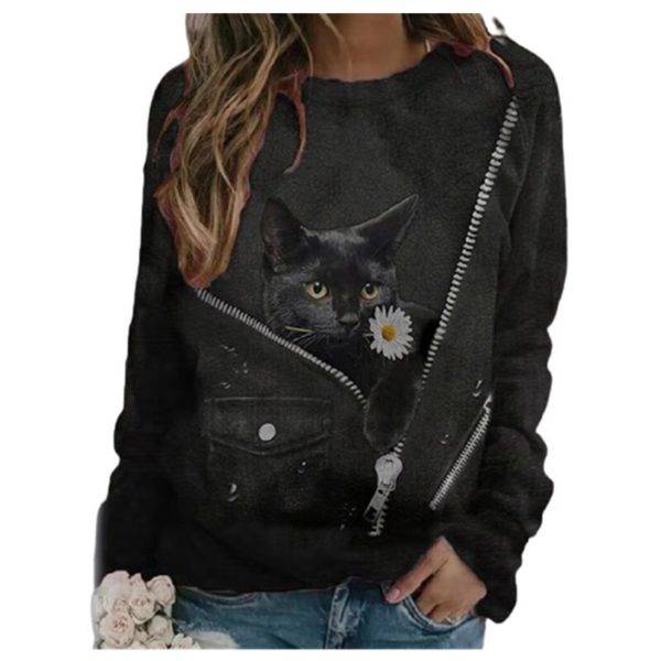 Fashion Trendy Ladies 3D Cartoon Cat Print T Shirt Women O-Neck Long Sleeve Loose T Shirts New Spring Casual Oversized Tops 2022 - Image 2