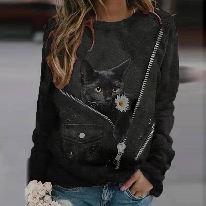 Fashion Trendy Ladies 3D Cartoon Cat Print T Shirt Women O-Neck Long Sleeve Loose T Shirts New Spring Casual Oversized Tops 2022