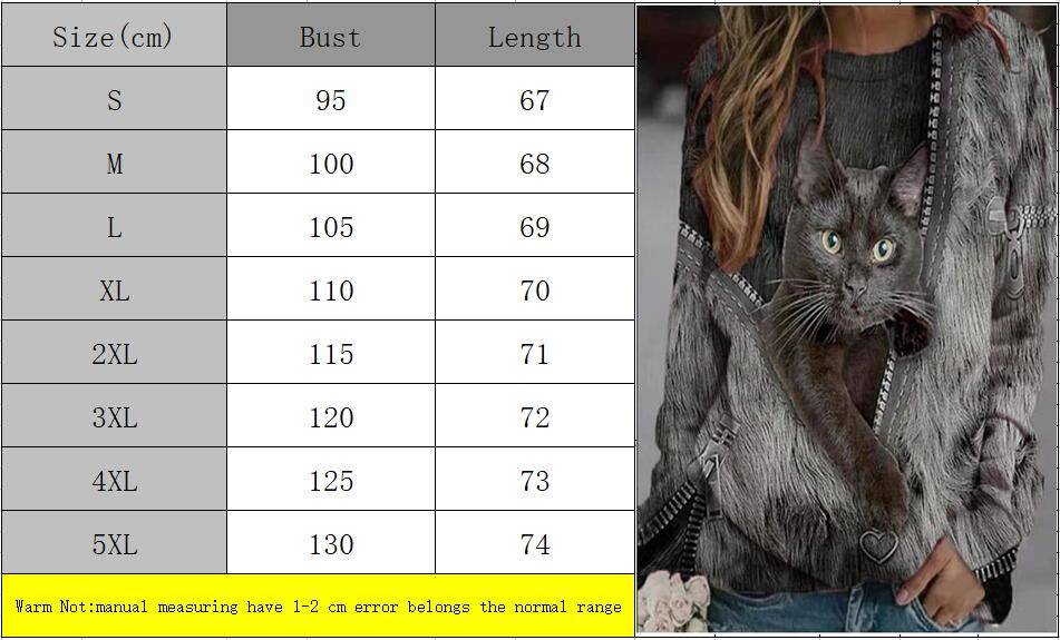 Fashion Trendy Ladies 3D Cartoon Cat Print T Shirt Women O-Neck Long Sleeve Loose T Shirts New Spring Casual Oversized Tops 2022